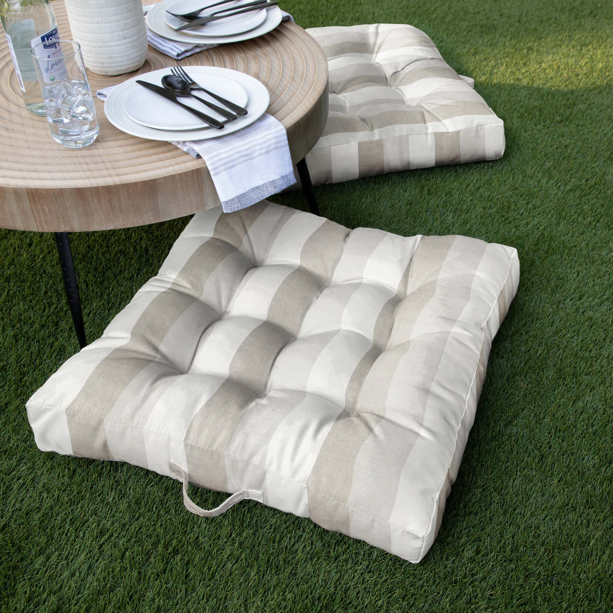 Antoinette Striped Sunbrella® Indoor/Outdoor Floor Pillow, Direction Linen