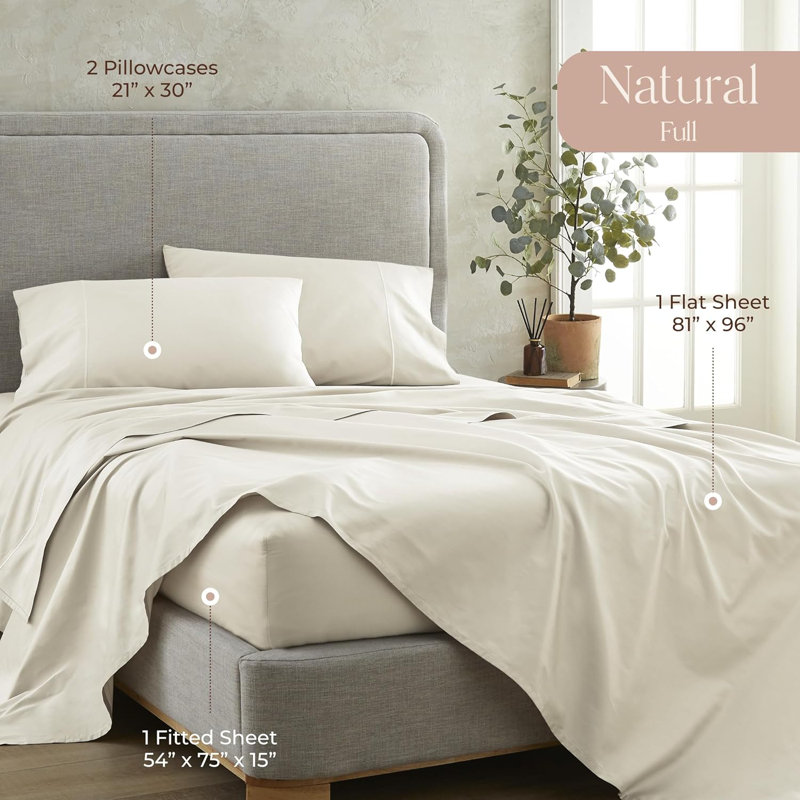 Draps 100% coton biologique - Taille réelle - Draps certifiés biologiques GOTS avec une densité de tissage de 500 fils et un tissage en satin de coton confortable qui devient plus doux à chaque lavage - Ensemble de luxe 4 pièces (naturel, double)