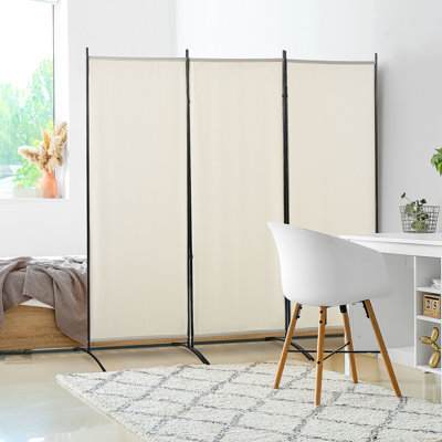 6' 3 Panel Room Divider . Beige Privacy Screen. Foldable For Convenience. Double-hinged Design. Construction. 69.89" H X 99.5" L 19.72" D. Fits Home Decor Screen, In Beige. Folding Style. Metal