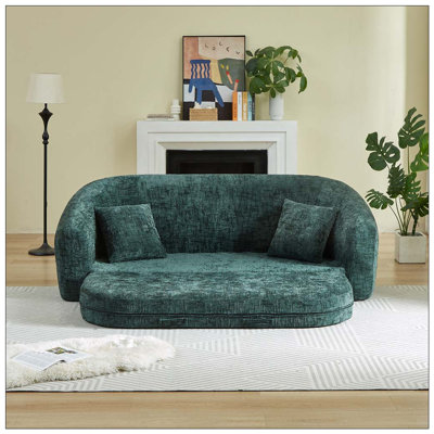 Curved Convertible Sofa Recliner, 2-in-1 Fold-Out Sofa Bed, with Pull-Out Base and Deep Seat Design, Includes Two Pillows, Chenille Two-Seater Recliner