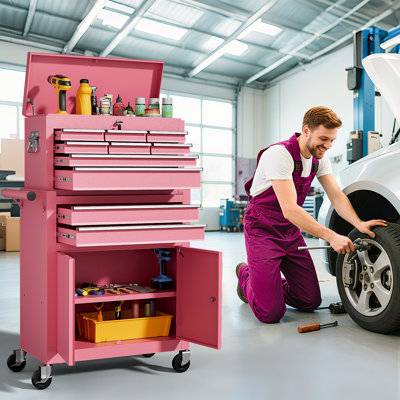 10-Drawers Rolling Tool Chest, 2 in 1 Lockable Tool Box with Drawers, High-Capacity Mechanic Tool Organizer, Adjustable Shelf & Detachable Top Cabinet for Workshop Garage