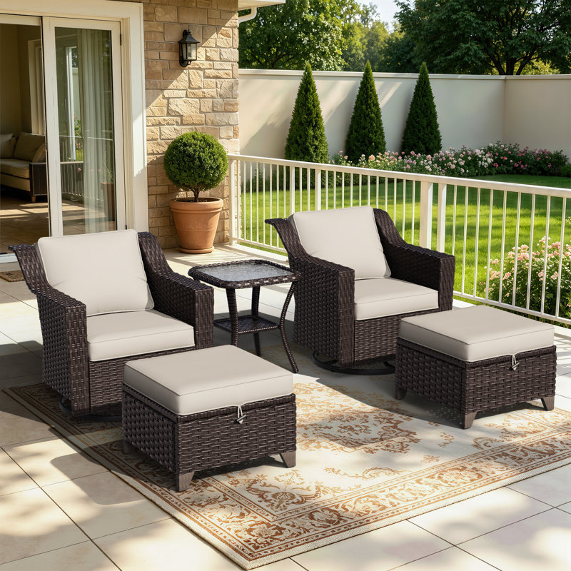 5-piece Outdoor Wicker Swivel Chair Set With Ottomans & Side Table, Rattan Patio Conversation Furniture With Cushions For Porch, Balcony, Backyard