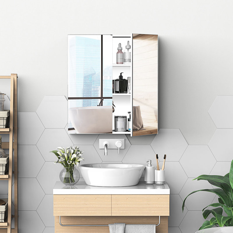 Armoire à pharmacie avec cadre en acier inoxydable 24 po x 26 po, armoire de rangement murale avec portes doubles Kleankin