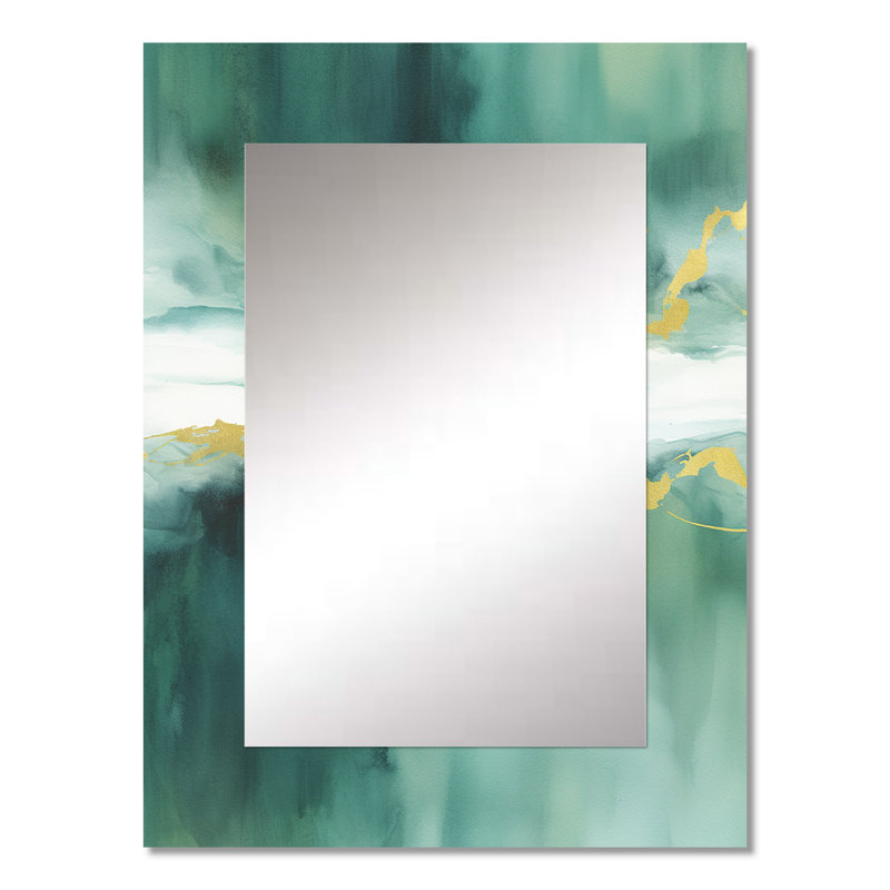 Blue Watercolor Impression with Gold V - Fractals Decorative Mirror, Blue Wall Mirror, Printed Metal Art, 32" x 24"