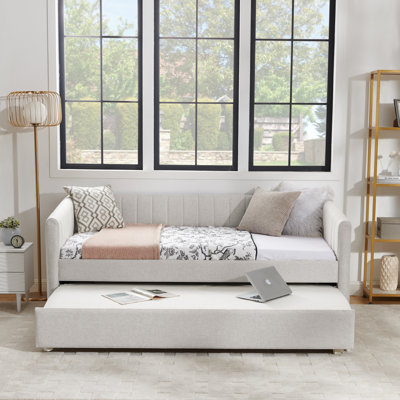 Twin Size Daybed with Trundle Upholstered Sofa Bed, with Vertical Stripes, Linen Fabric, Beige  (82.5"x43"x30")