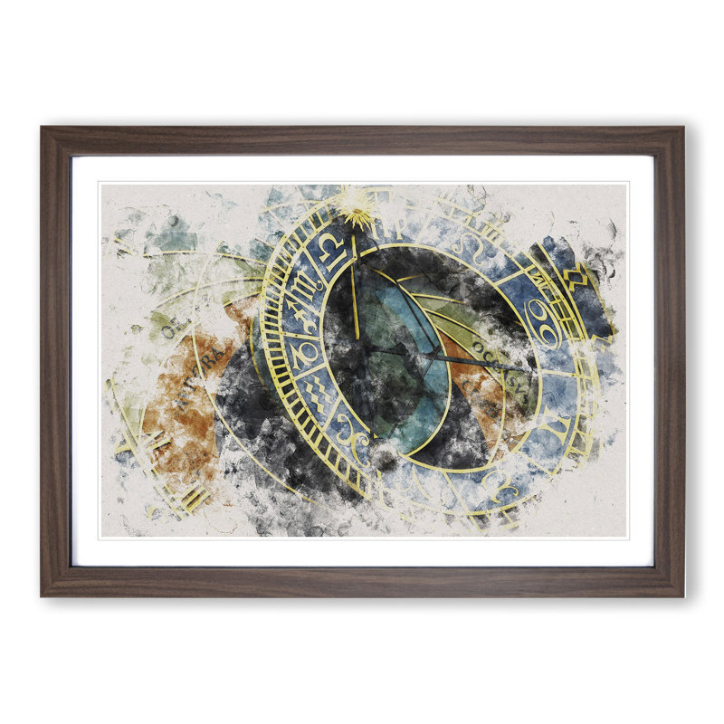 Astronomical Clock in Prague Watercolour - Picture Frame Graphic Art, 48cm H x 65cm W x 2cm D, Walnut