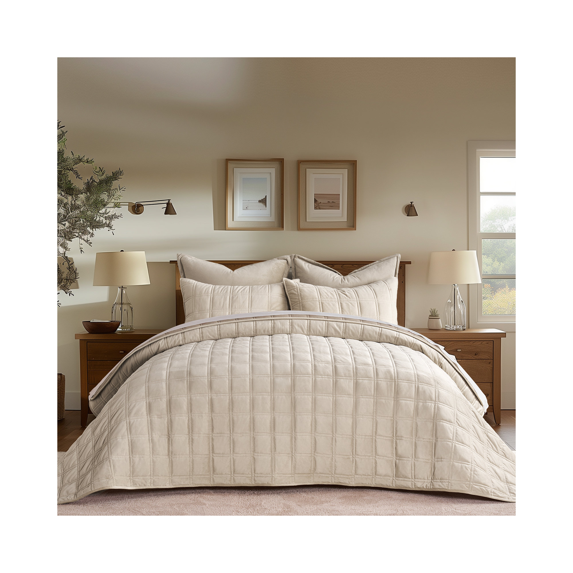 Double Box Stitch Velvet Quilt set, Beige, King Quilt + 2 King Shams