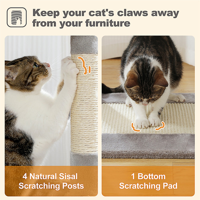 Arbre à chat inférieur pour chats d'intérieur, tour pour chat à plusieurs niveaux de 62 po avec 2 condos spacieux, patin à griffer, 4 poteaux à griffer, 2 perchoirs supérieurs, 2 pompons