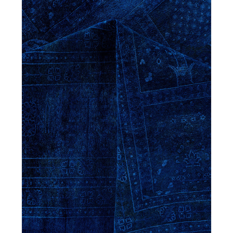 Tapis unique noué à la main Rachal - bleu, 12 pi 4 po x 18 pi 0 po