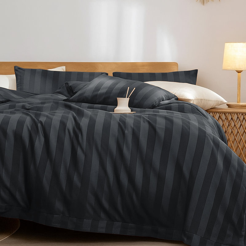 Microfiber Striped Duvet Cover Set with Matching Pillowcases & Fitted Sheet, Super King Duvet Cover + 2 Standard Pillowcases