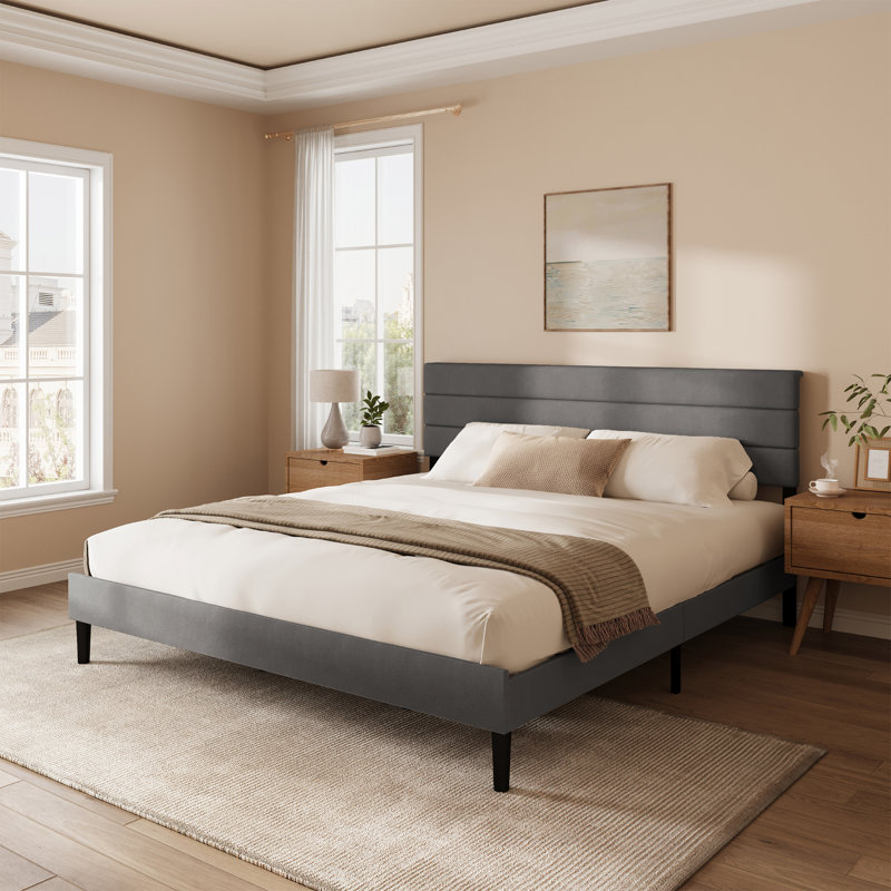 Structure de lit plateforme tapissier avec espace de rangement sous le lit de 6,7 po, support en fer, aucun sommier requis