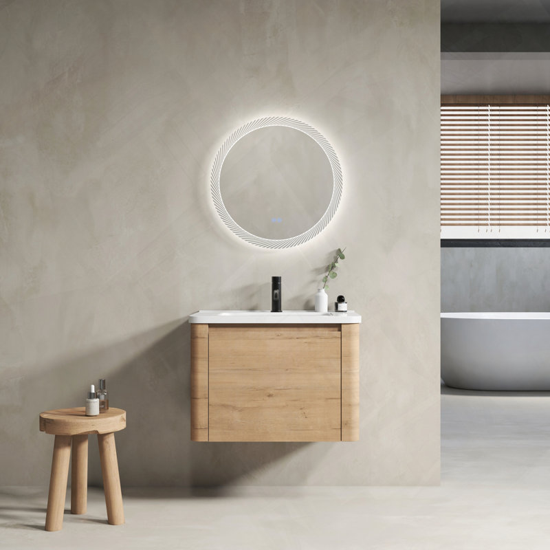 Meuble-lavabo mural avec lavabo en céramique et porte à fermeture en douceur, Imitation chêne, 28"
