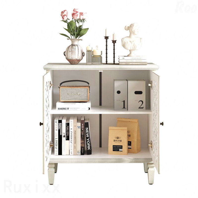 Vintage Hollow-Carved Accent Storage Organizer Cabinet 2-Door Display Storage Sideboard With Symmetrical Floral Design Adjustable Shelf And Solid Wood Legs For Living Room Entryway