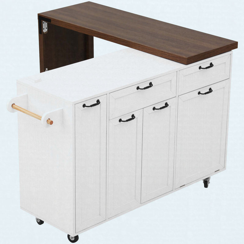 Îlot de cuisine de 102,3 po avec table de salle à manger extensible, chariot d'îlot roulant avec armoire de rangement pour poubelles, support à épices coulissant à 3 niveaux, table d'îlot mobile sur roulettes pour la cuisine, la salle à manger, blanc