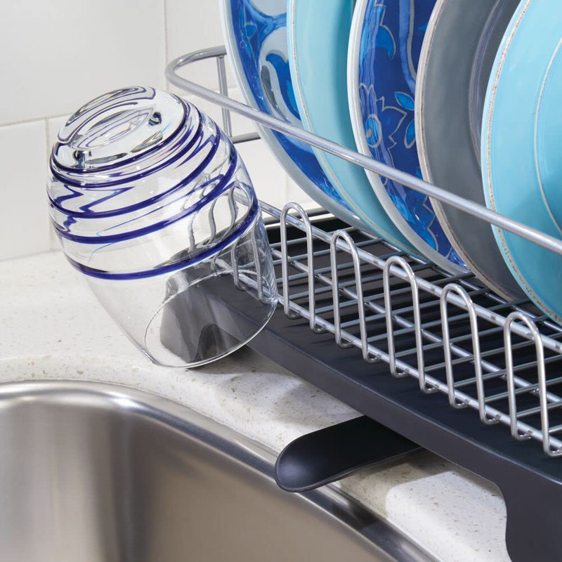 Silver and Black Metal Dish Drying Rack with Utensil Cup