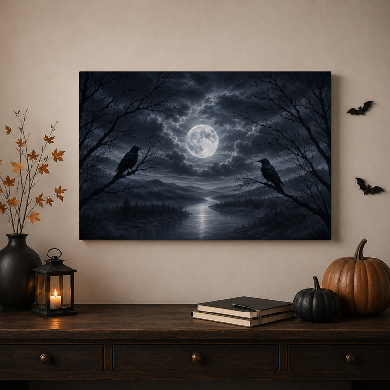 "Deux corbeaux noirs perchés sur des branches au clair de lune", art mural sur toile, H 16 po x l 24 po