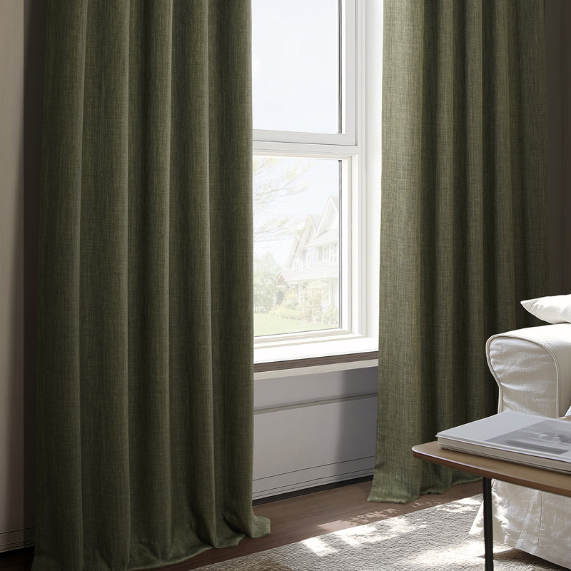 French Pleated Textured Faux Linen Room Darkening Curtains for Bedroom & Living Room Curtains - Single Panel Window Curtains