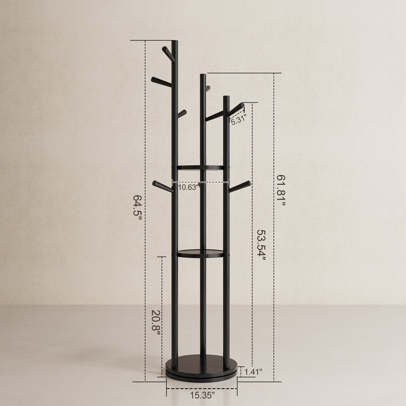 Rotating Solid Wood Coat Rack with 3 Storage Shelves & 9 Hooks, Black