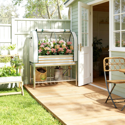 Raised Garden Bed For Outdoor Use, 140Gsm Pe Cover, Roll - Up Zippered Door, Tie Open Windows, 44 Gal Space, Mesh Storage, Galvanised Frame, Safe Setup Easy