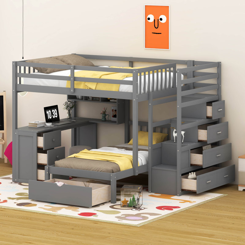 Jarid Full over Twin 8 Drawer Solid Wood Futon Bunk Bed with Bookcase , Gray