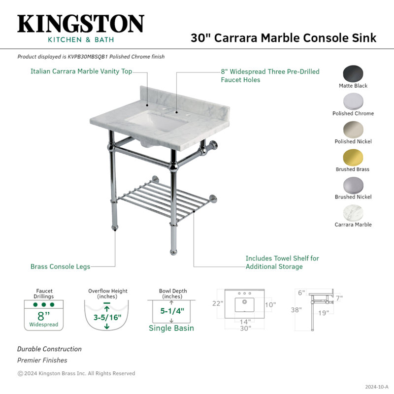Kingston Brass Templeton 30-Inch Carrara Marble Console Sink with Brass Legs and Shelf (8-Inch, 3-Hole)