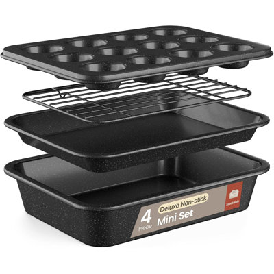 Ensembles de plats de cuisson 4 pièces Bakken, plaque de cuisson antiadhésive en acier au carbone, ustensiles de cuisson empilables peu encombrants, lavables au lave-vaisselle, résistants aux taches, sans PFOA, Pfos et Ptfe, allant au four jusqu'à 450 ° F, marbre gris