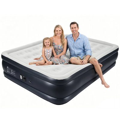 Queen Size Inflatable Air Mattress with Built-in Electric Pump, Flocked Waterproof Top & Built-in Cup Holder, Supports Up to 600 LbS, Raised Support Air Bed for Guest Room Home Camping