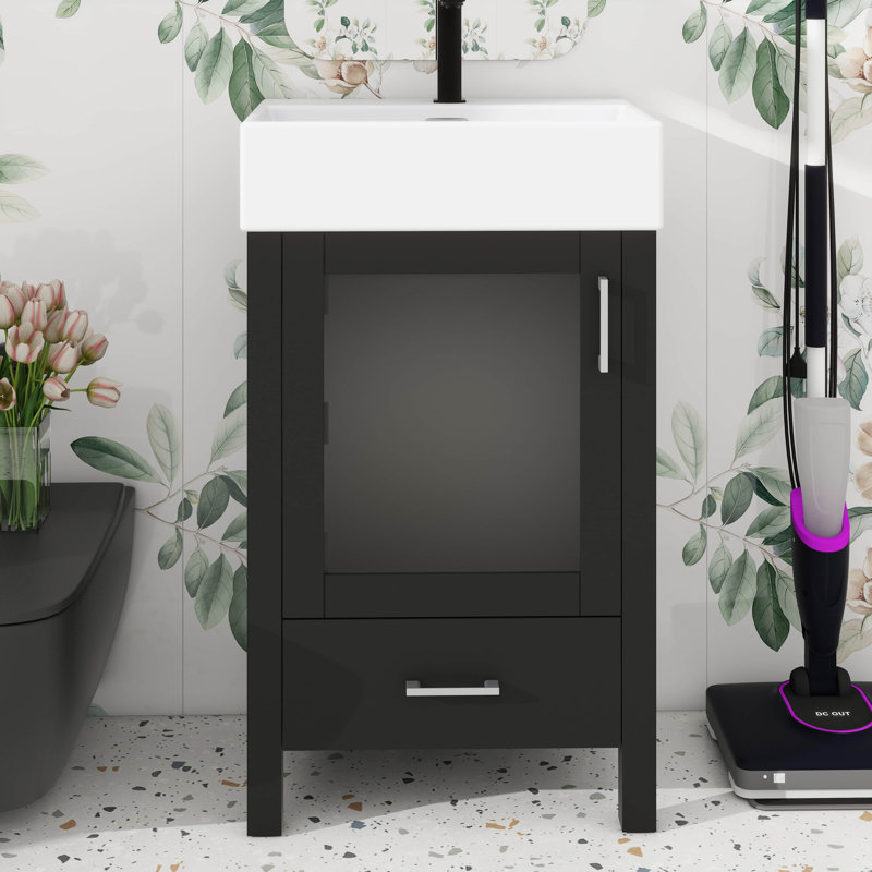 Meuble-lavabo de 20 po avec lavabo en céramique, meuble-lavabo autoportant de 20 po avec 1 grand tiroir et 1 porte à fermeture douce, armoire pour petit espace