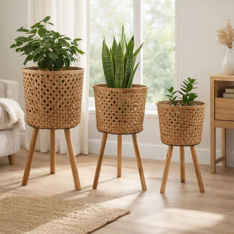 Ensemble de 3 pots à fleurs Mesy en bambou brun à tissage ouvert 11/13/15 po