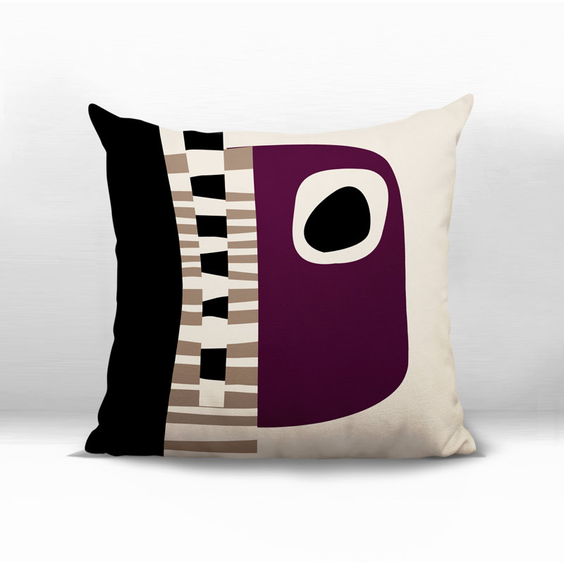 Oreiller carré réversible intérieur / extérieur Rikka, H 17 po x l 17 po, Mauve / noir / blanc cassé abstrait