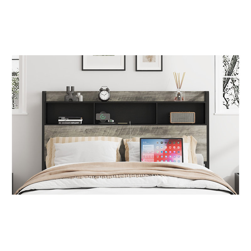 Cadre de lit simple, avec espace de rangement à la tête du lit et une station de charge au milieu, Lit simple