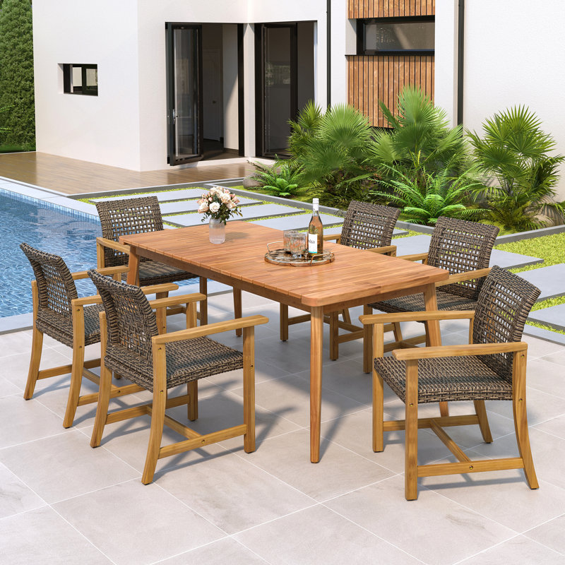 7-Piece Patio Dining Set, 72" Slatted Table & 6 Acacia Wood & PE Rattan Chairs for Patio Garden, Teak