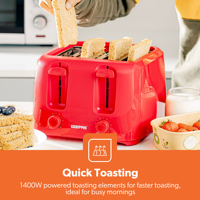 GEEPAS 4 Slice Toaster 6 Browning Levels with 2 Controls, Cancel Function 2 Removable Crumb Trays 1400W