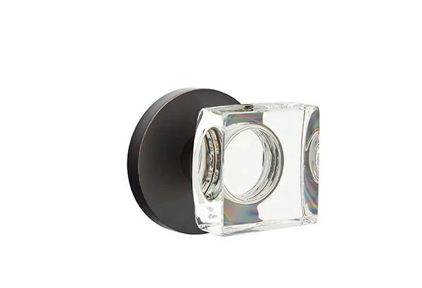 Emtek Privacy Interior Mortise Set w/ Disc Rosette & Modern Square Glass Knob (RH), Polished Nickel
