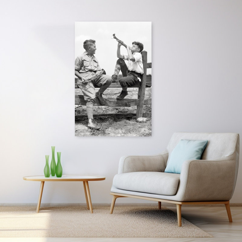 1930S Two Boys Sitting On Split Rail Fence Wearing Knickers High Top Sneakers Practicing Playing Bugle Horns Classic Retro Vintage Wall Art