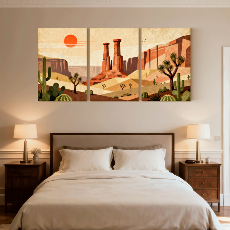 «Landscape & Nature Desert Landscape with Cacti and Rock Formations», ensemble de 3 impressions d'art sur toile