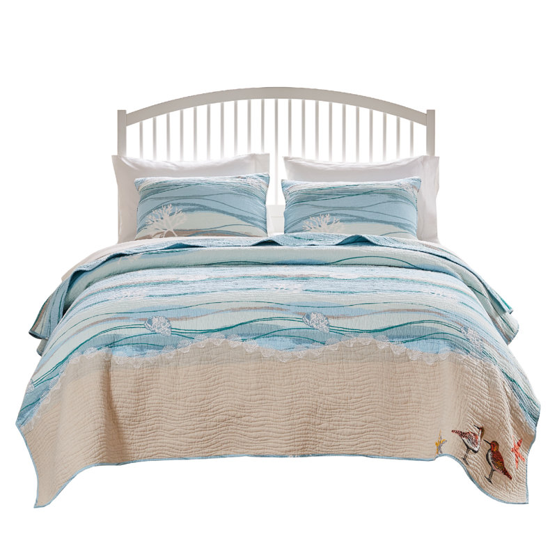 Maui Blue Cotton Reversible Quilt Set with Shams
