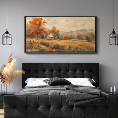 «Rustic Countryside Farmhouse Landscape with Autumn Trees and Fields», impression murale sur toile encadrée