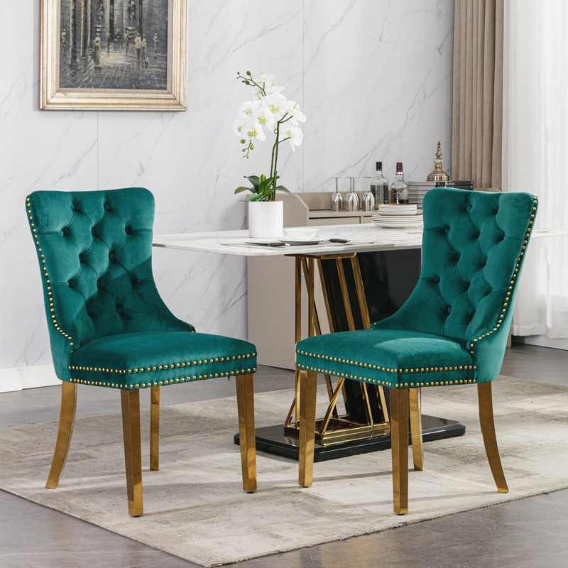 Chaise de salle à manger en velours avec anneau à dossier et pieds en bois massif, 2, Vert, Doré