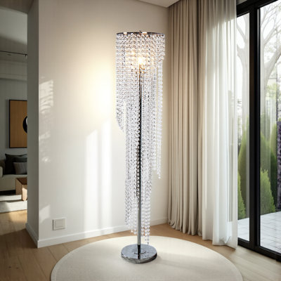 61"Tall Crystal Beaded Floor Lamp with Chrome Base - Elegant Ambient Lighting for Living Room & Bedroom