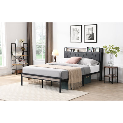 Queen Metal Platform Bed With Storage Feature - Upholstered Headboard & , Silent, High Capacity Storage, Easy To Assemble, No Box Spring Size Frame Upholstery And Liner Headboard, Large Under Space,