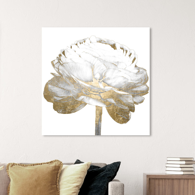 Découpage de fleurs blanches et dorées - peinture sur toile tendue, H 40 po x l 40 po