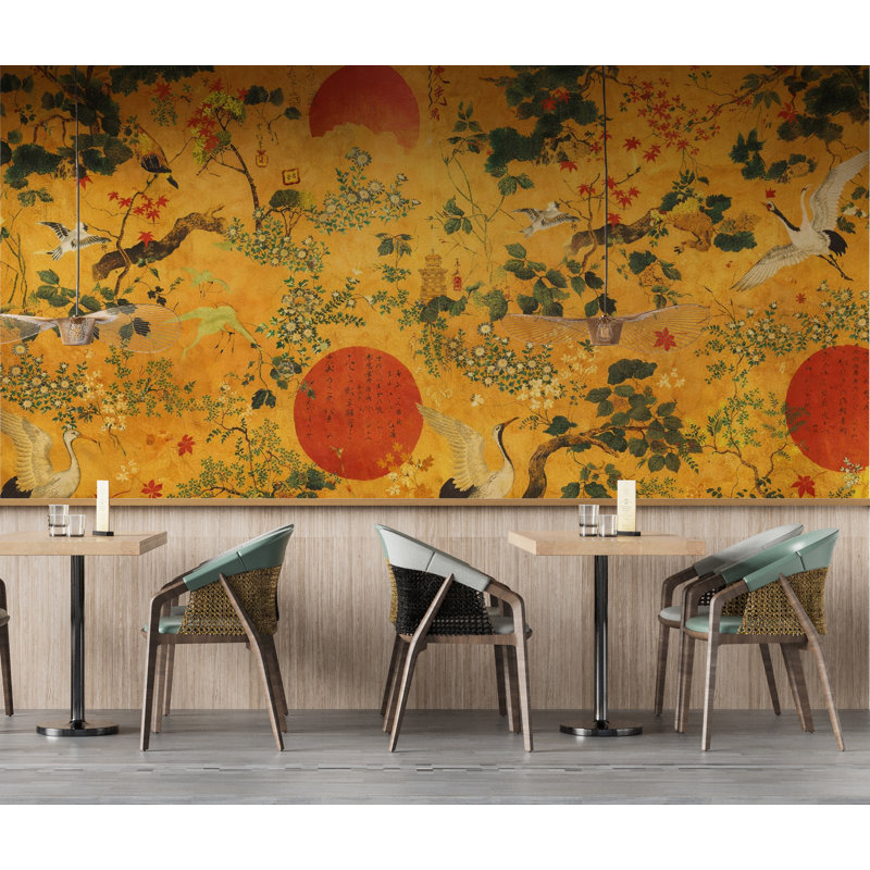 Murale de papier peint Chinoiserie Crane, 8 x 10 pouces, Peel-n-Stick