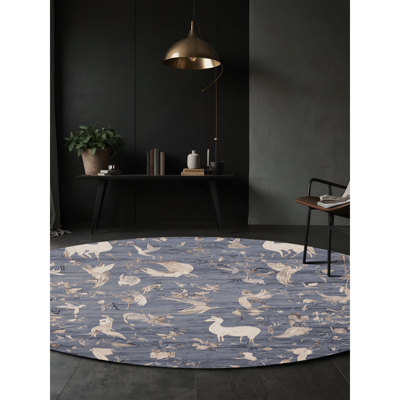 Tapis bleu lavable à la machine, Rond 3 pi
