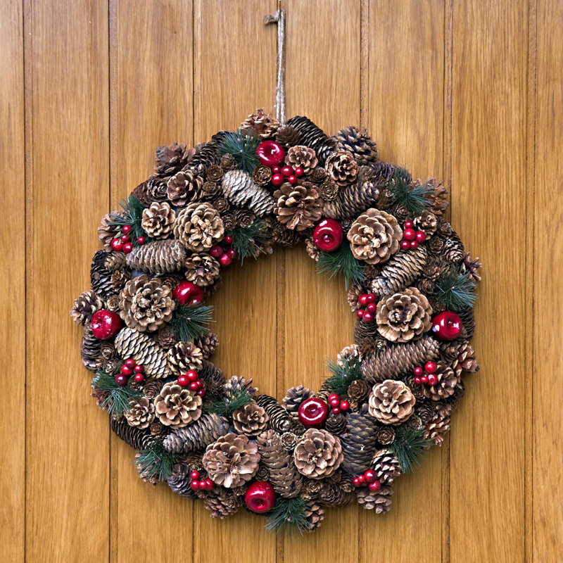 Christmas Hanging Wreath Large - Festive Pine Cone Display with Red Berries, 48cm x 48cm