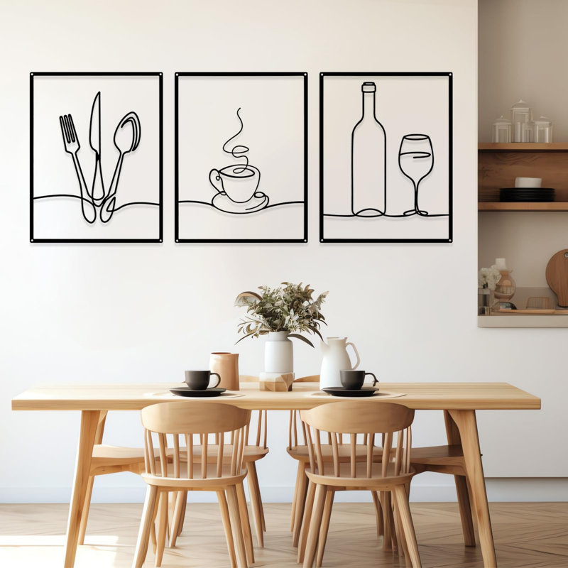 Minimalist 14''x11'' Metal Line Kitchen Wall Decor Set