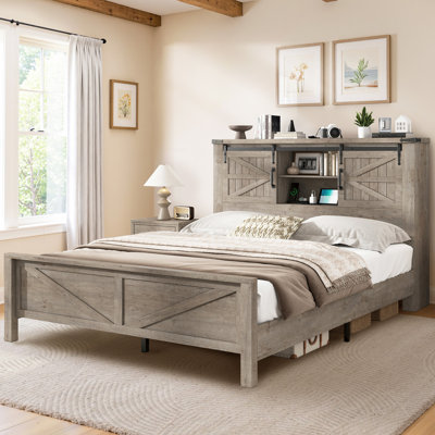  Oceant Sherell Farmhouse Full Bed Frame Storage Bookcase Headboard, Rustic Grey