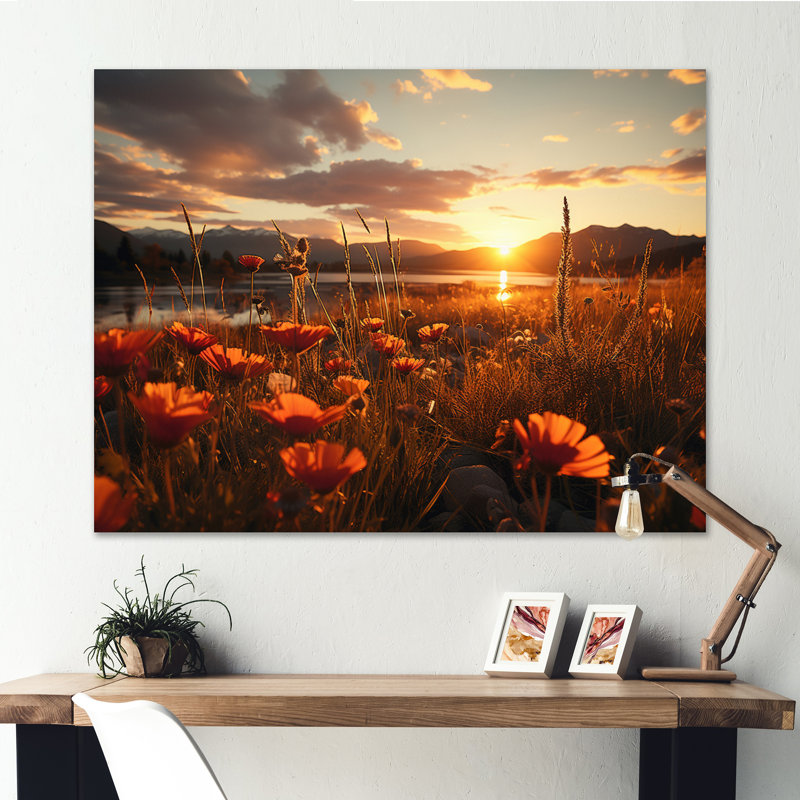 Sunset Golden Meadows - Landscape Sunset Canvas Wall Art, Toile tendue, H 30 po x l 40 po x P 1,5 po