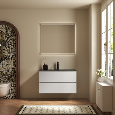 Meuble-lavabo mural simple 34 po avec plateau en pierre noire et 2 tiroirs