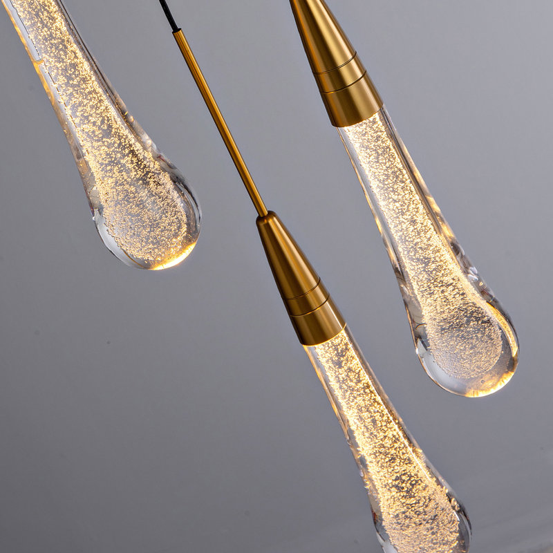 Longs lustres dorés 3 lumières pour hauts plafonds, grand lustre à gouttes de pluie, Trois lumières
